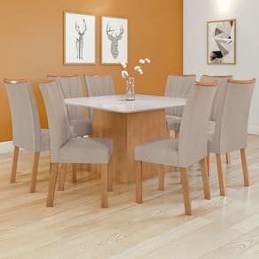 Mesa de Jantar 8 Lugares Nevada Apogeu com Vidro Amêndoa Clean/Off White/Linho Rinzai Bege - Móveis Lopas