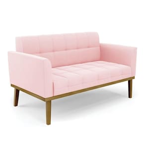 Sofá Namoradeira 2 Lugares Base De Madeira Castanho Elisa Suede Rosa Bebê D03 - Drossi