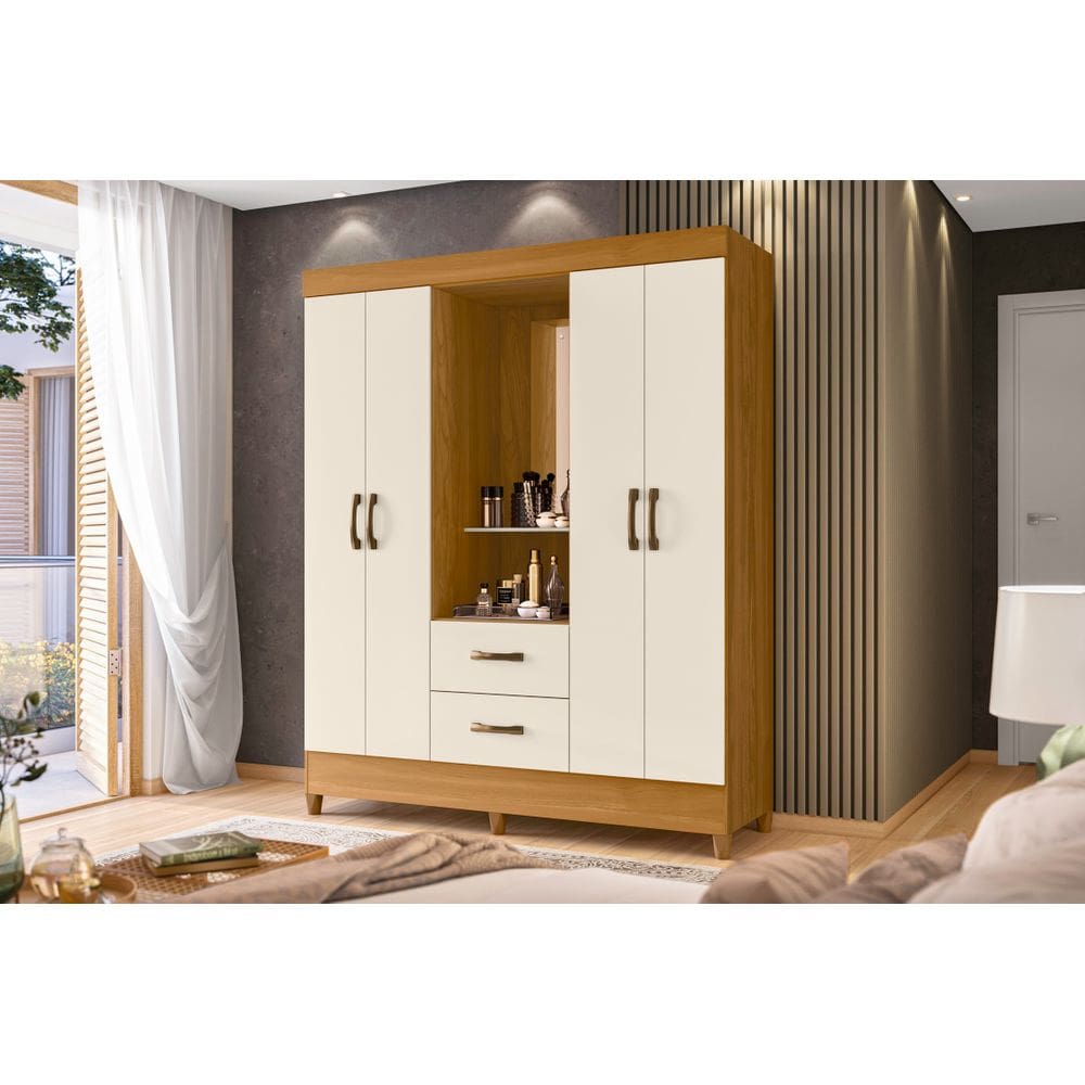 Guarda Roupa Casal C/Espelho 4 Portas 4 Gavetas Mobi Capelinha- Carvalho/Off White -Albatroz