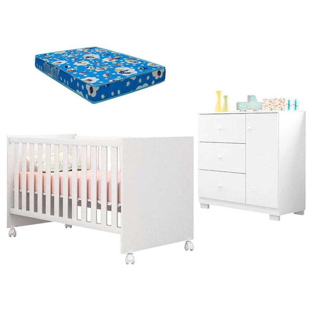 Berço Americano Mini Cama Doce Sonho 100 e Cômoda Infantil Duda Branco Brilho com Colchão Ortobom – Phoenix Baby