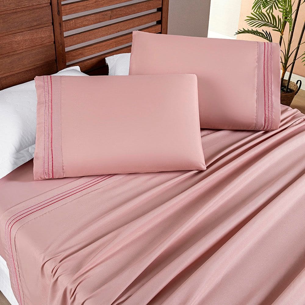 Jogo Cama Lençol Honore King Micro Percal 200 Fios c/ Detalhes Bordados 4 Peças - Sal Rosa