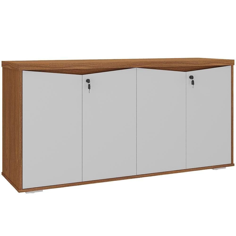 Balcão Para Escritório 04 Portas 160cm Com Chaves Unik A02 Freijó Branco