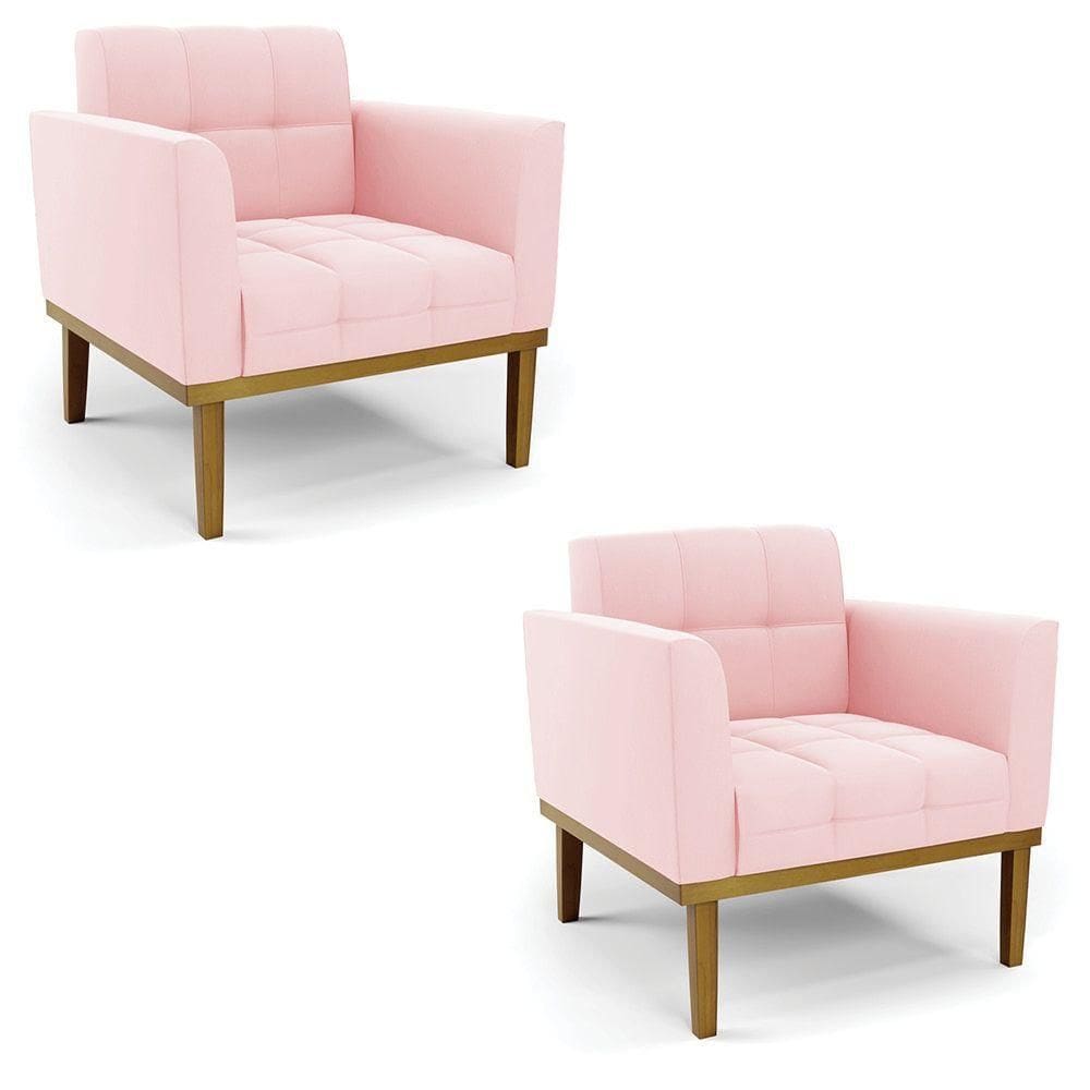 Poltrona Base De Madeira Fixa Castanho Kit 2 Elisa Suede Rosa Bebê D03 - D`rossi