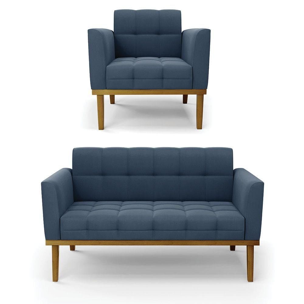 Namoradeira E Poltrona Base De Madeira Castanho Elisa Suede Azul Marinho D03 - D`rossi