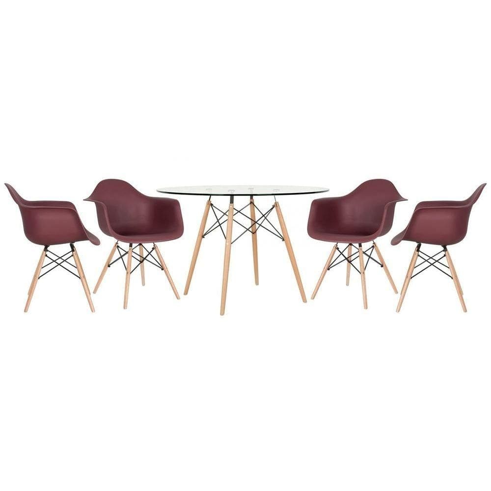Mesa Redonda Eames Com Tampo De Vidro 120 Cm + 4 Cadeiras Eiffel Daw Marrom Marrom