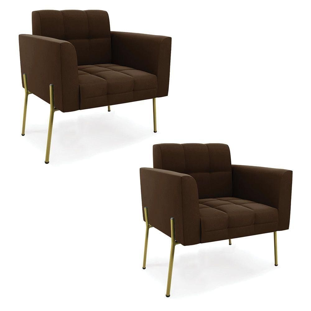 Poltrona Pé De Ferro Dourado Para Sala Kit 2 Elisa Suede D03 - D`rossi Cor Marrom