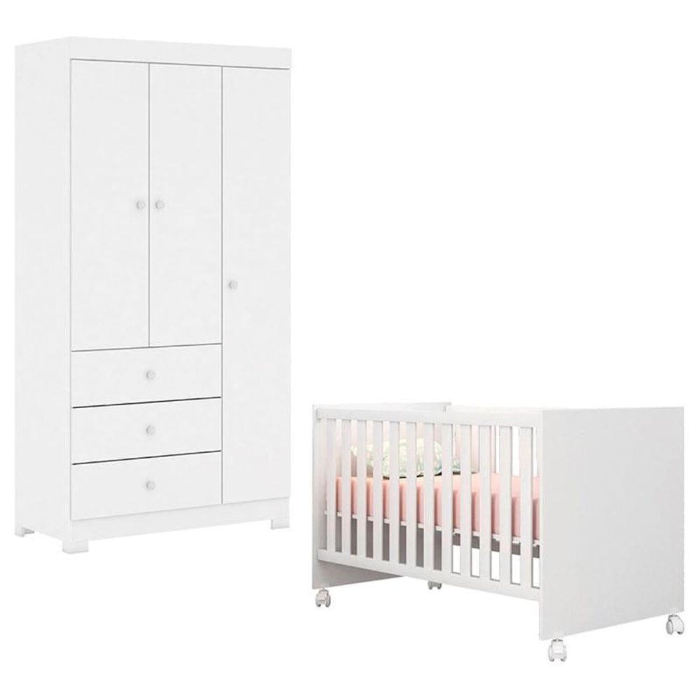 Berço Americano Mini Cama Doce Sonho 100 com Guarda Roupa Infantil Duda 3 Portas Branco Brilho – Phoenix Baby