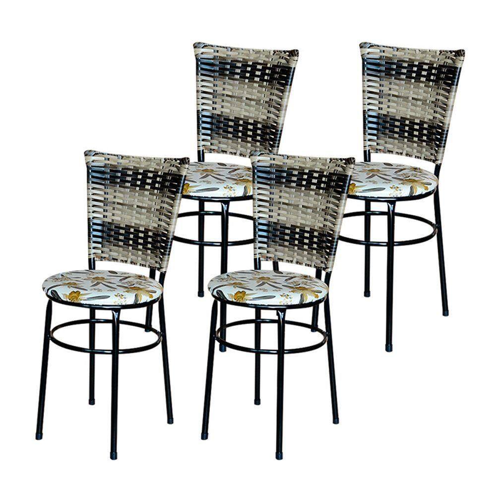 4 Cadeiras Para Mesa Preta Hawai Cappuccino Premium Assento Floral Cor:floral Orquídea
