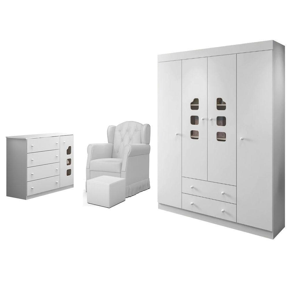 Quarto Infantil 3 Peças Com Poltrona Amamentação Cecilia Sintético Branco