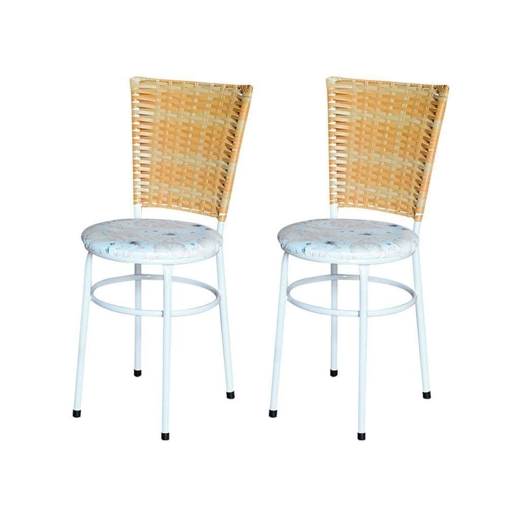 2 Cadeiras Para Cozinha Branca Hawai Palha Assento Floral Cor:floral Areia