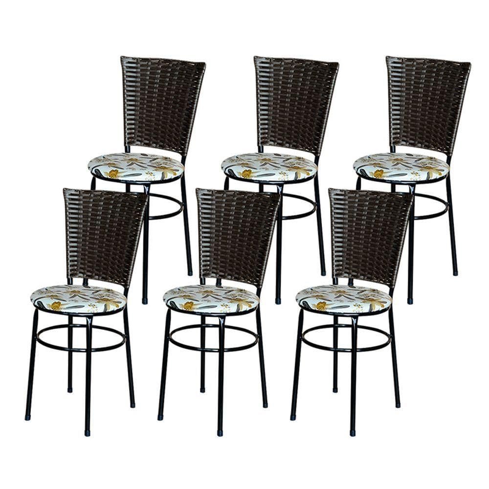 6 Cadeiras Para Mesa Preta Hawai Marrom Assento Floral Cor:floral Orquídea