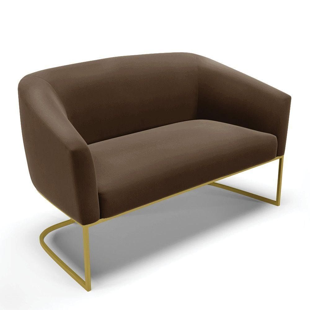 Sofá Namoradeira 2 Lugares Base Industrial Dourado Stella Suede Marrom D03 - D`rossi