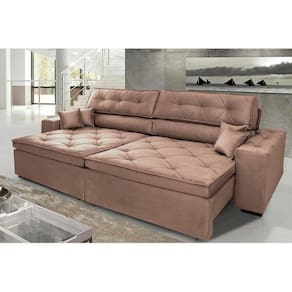 Sofá Austin 2,42m Retrátil, Reclinável Com Molas No Assento E Almofadas, Tecido Suede Castor
