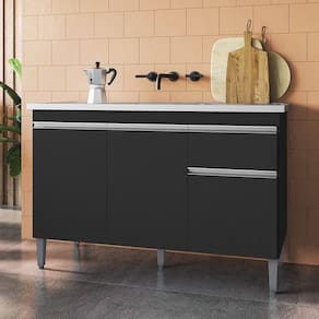 Balcão Gabinete Com Pia Inox 120cm 3 Portas E 1 Gaveta Tatiane Preto - Ajl Móveis