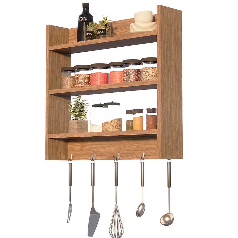 Porta Condimentos de Parede para temperos cor Amendoeira com 3 prateleiras