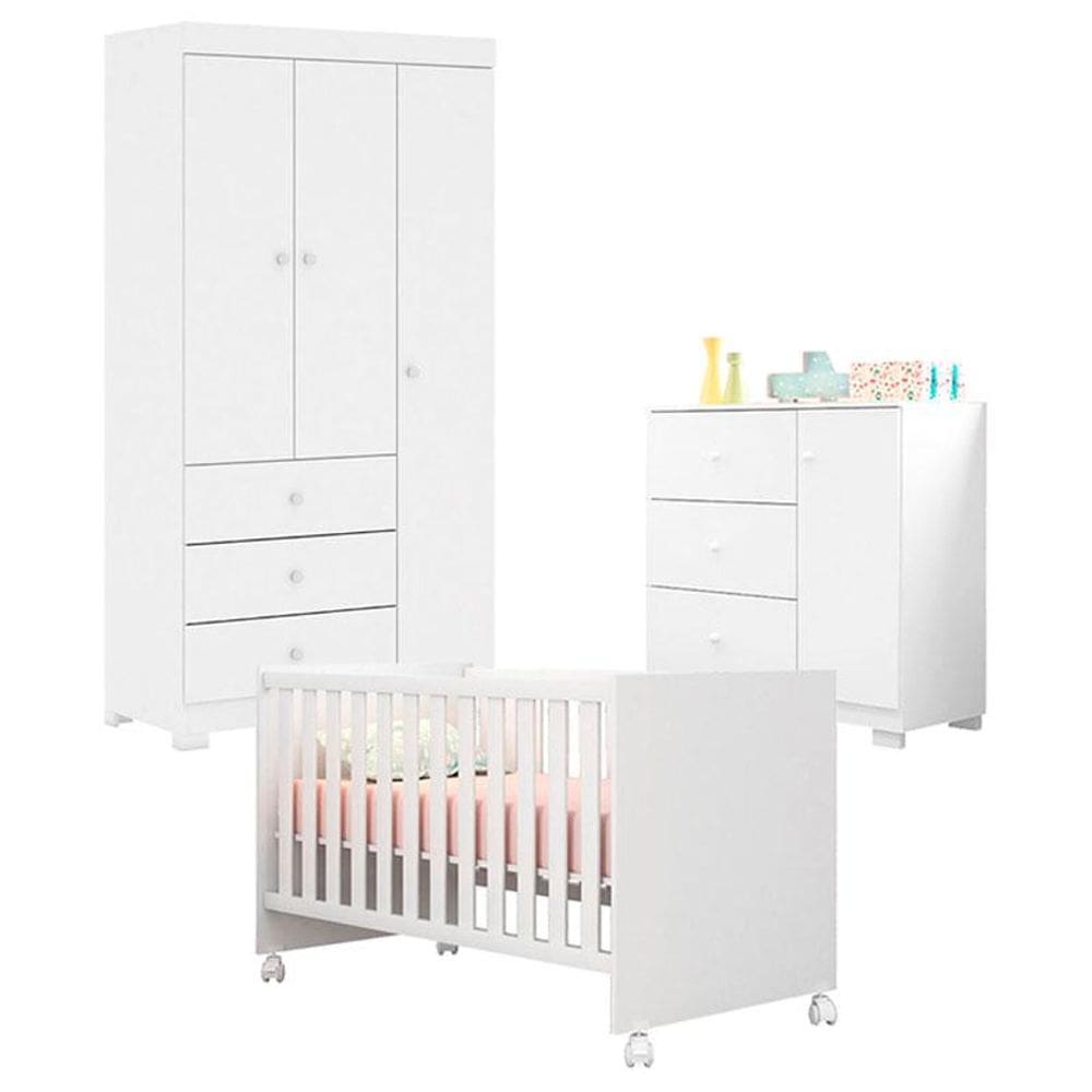 Quarto de Bebê Duda 3 Portas com Berço Americano Mini Cama Doce Sonho 100 Branco Brilho – Phoenix Baby