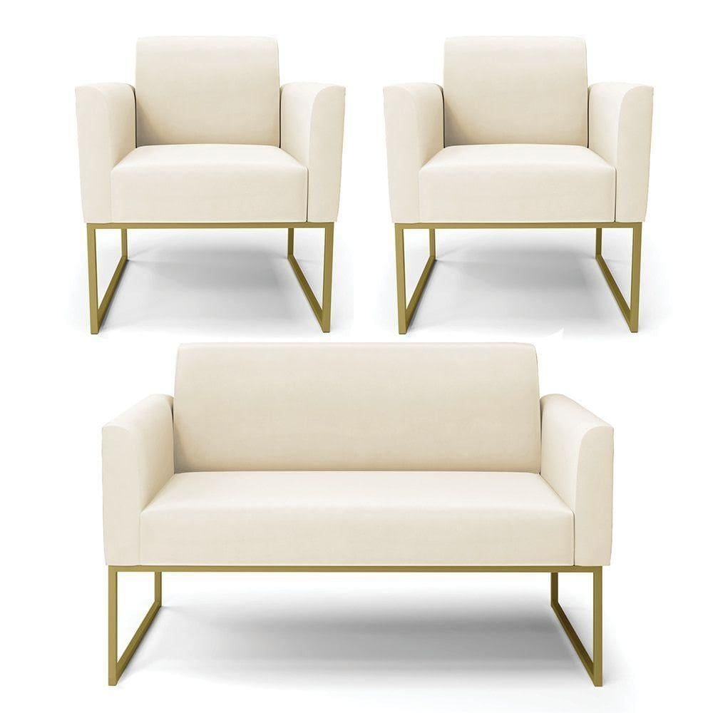 Sofá Namoradeira Com 2 Poltronas Base Industrial Dourado Marisa Veludo Bege D03 - D`rossi