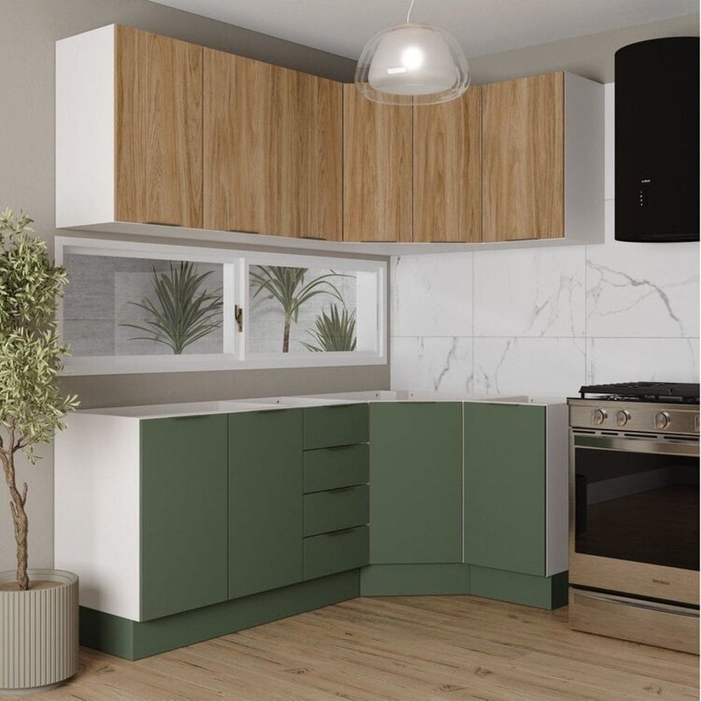 Cozinha Modulada 6 Peças sem Tampo com Rodapé 3 Aéreos e 3 Balcões Ipanema Cabecasa Madeiramadeira Verde Folha/Acácia