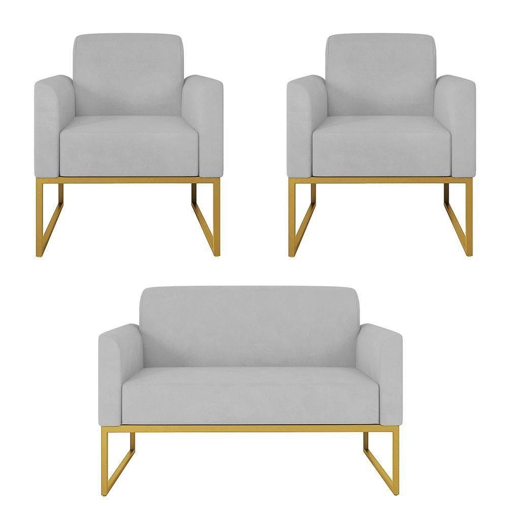 Kit 01 Namoradeira E 02 Poltronas Marisa Suede Cinza Base Industrial Metálica Dourado D\`rossi