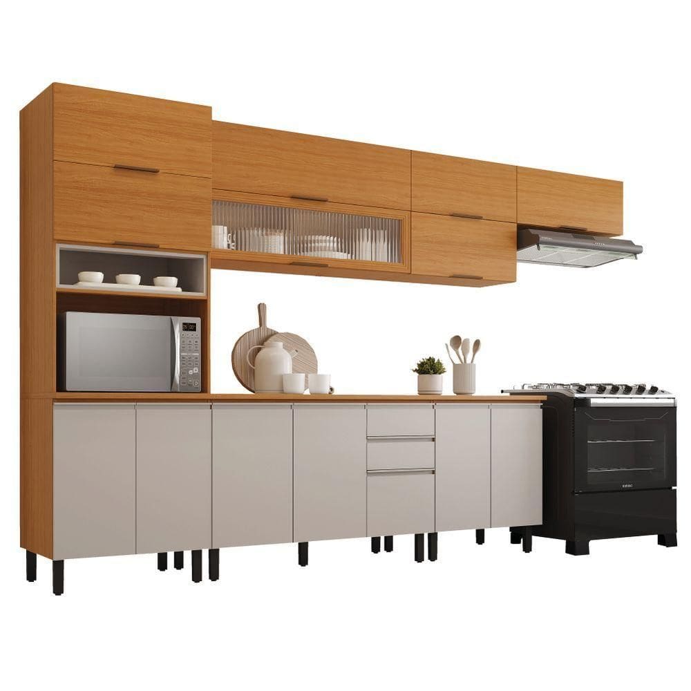 Armário De Cozinha Completa Com Balcão 14 Portas 2 Gavetas Nicho Para Micro Ondas Namur Cinamomo/off White Cinamo/off