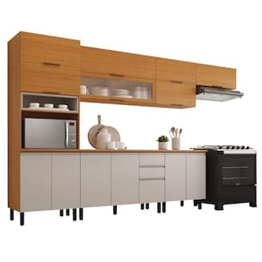 Armário De Cozinha Completa Com Balcão 14 Portas 2 Gavetas Nicho Para Micro Ondas Namur Cinamomo/off White Cinamo/off