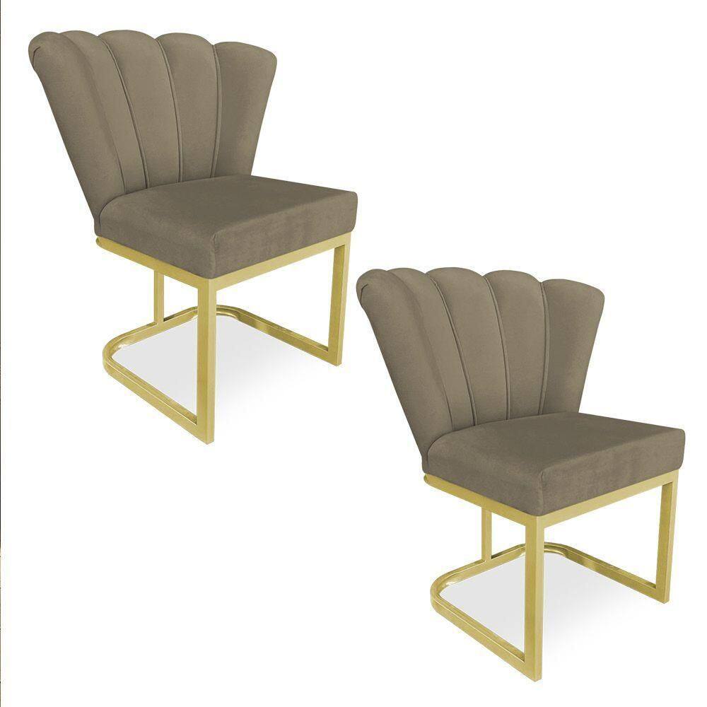 Kit 02 Poltronas Flor Veludo Base Metálica Industrial Dourado - Pallazio Cor Capuccino