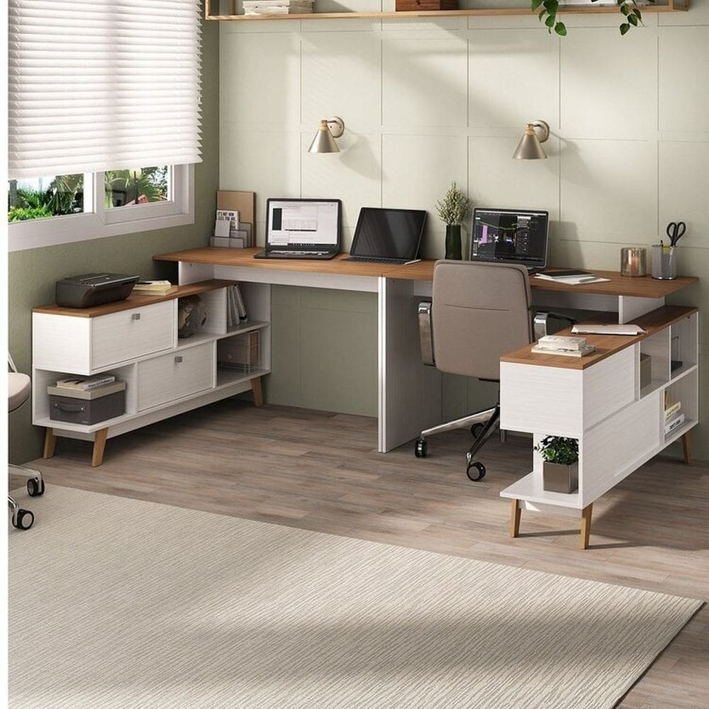 Kit 2 Mesas para Escritório Escrivaninha em L Retrô 136x120cm Branco/nogal Branco