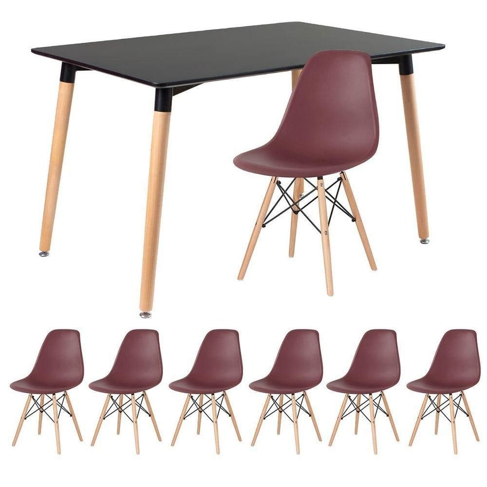 Mesa De Jantar Retangular Eames 80 X 120 Cm Preto + 6 Cadeiras Eiffel Dsw Marrom