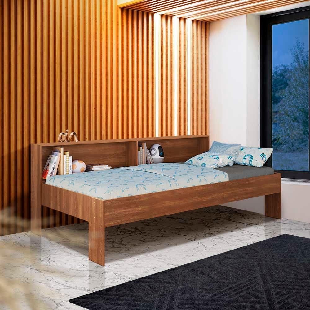 Cama Solteiro com Nichos Nogal Sierra Jm Móveis