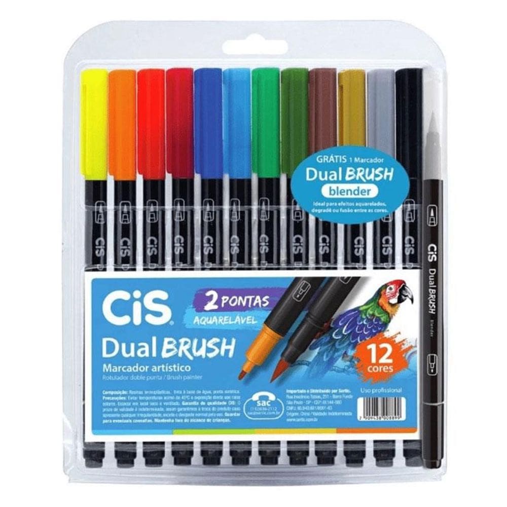 Kit Caneta Marcadora Aquarelável Dual Brush 12 Cores com Blender - Cis