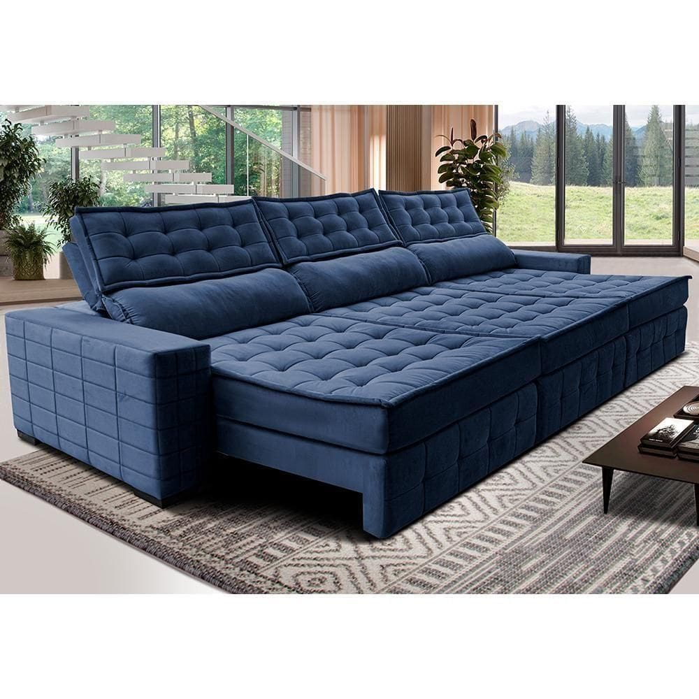 Sofá Retrátil E Reclinável 3,55M Cama Inbox Big Puffer Com SoftgelD40 Velupluma Azul