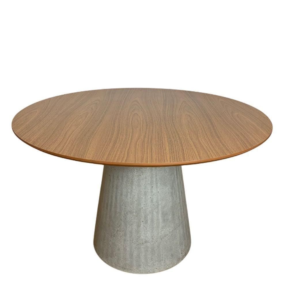 Mesa De Jantar Cone Redonda 120 Cm Base Cimento Concreto Tampo Freijó