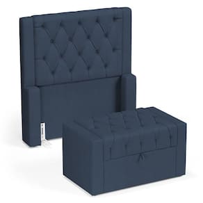 Cabeceira E Calçadeira Báu Solteiro Atena 90cm Capitonê Linho Azul - Desk Design