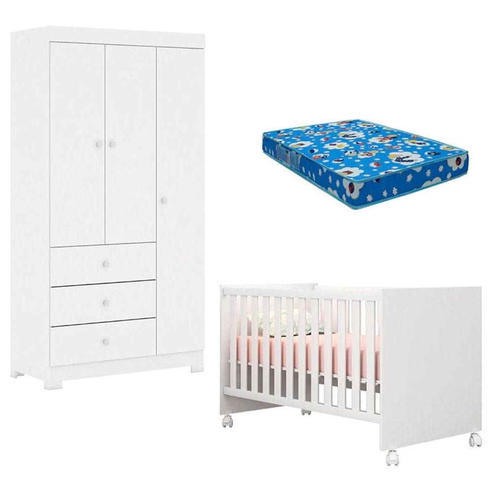 Berço Americano Mini Cama Doce Sonho 100 e Guarda Roupa Infantil Duda 3 Portas Branco Brilho com Colchão Ortobom – Phoenix Baby