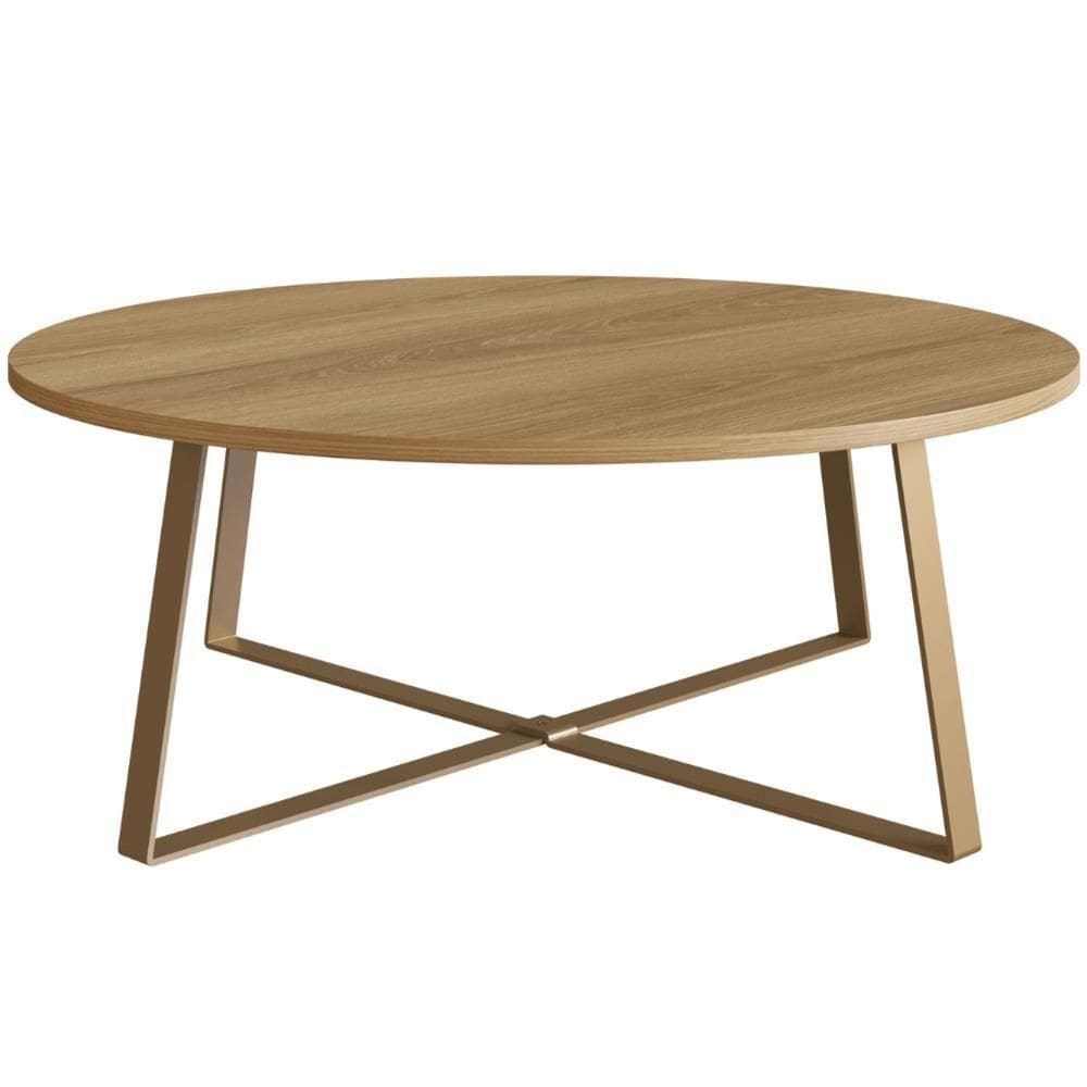 Mesa De Centro Redonda Artesano 80 Cm (largura) Em Mdp Bp Estrutura Metálica Em Aço Dourado