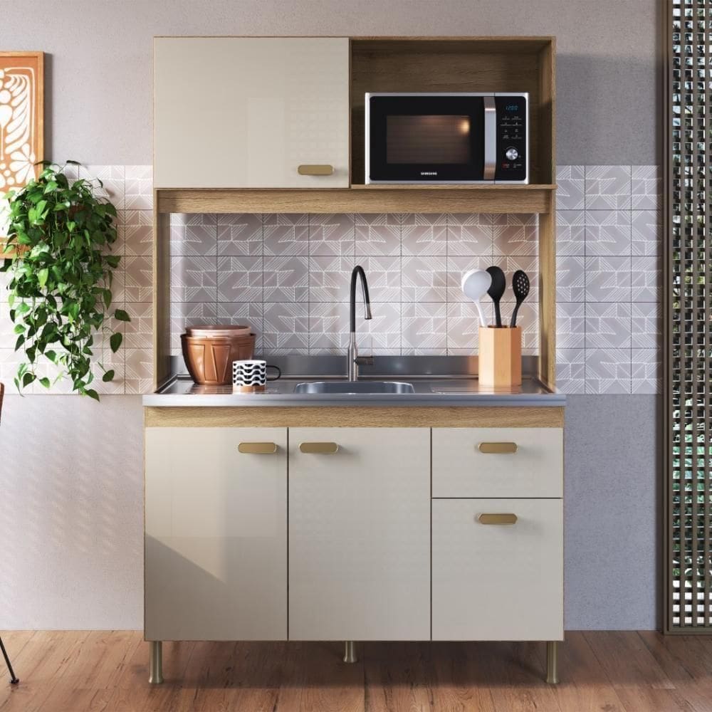 Armário De Cozinha Compacta Fidelitá Malta 122cm 4 Portas 1 Gaveta Sem Tampo E Fundo Castani/off-white