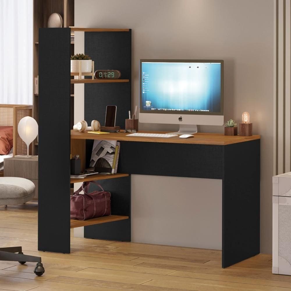 Mesa Office Escrivaninha Com Torre E Prateleiras Lisboa Notável Freijó/preto