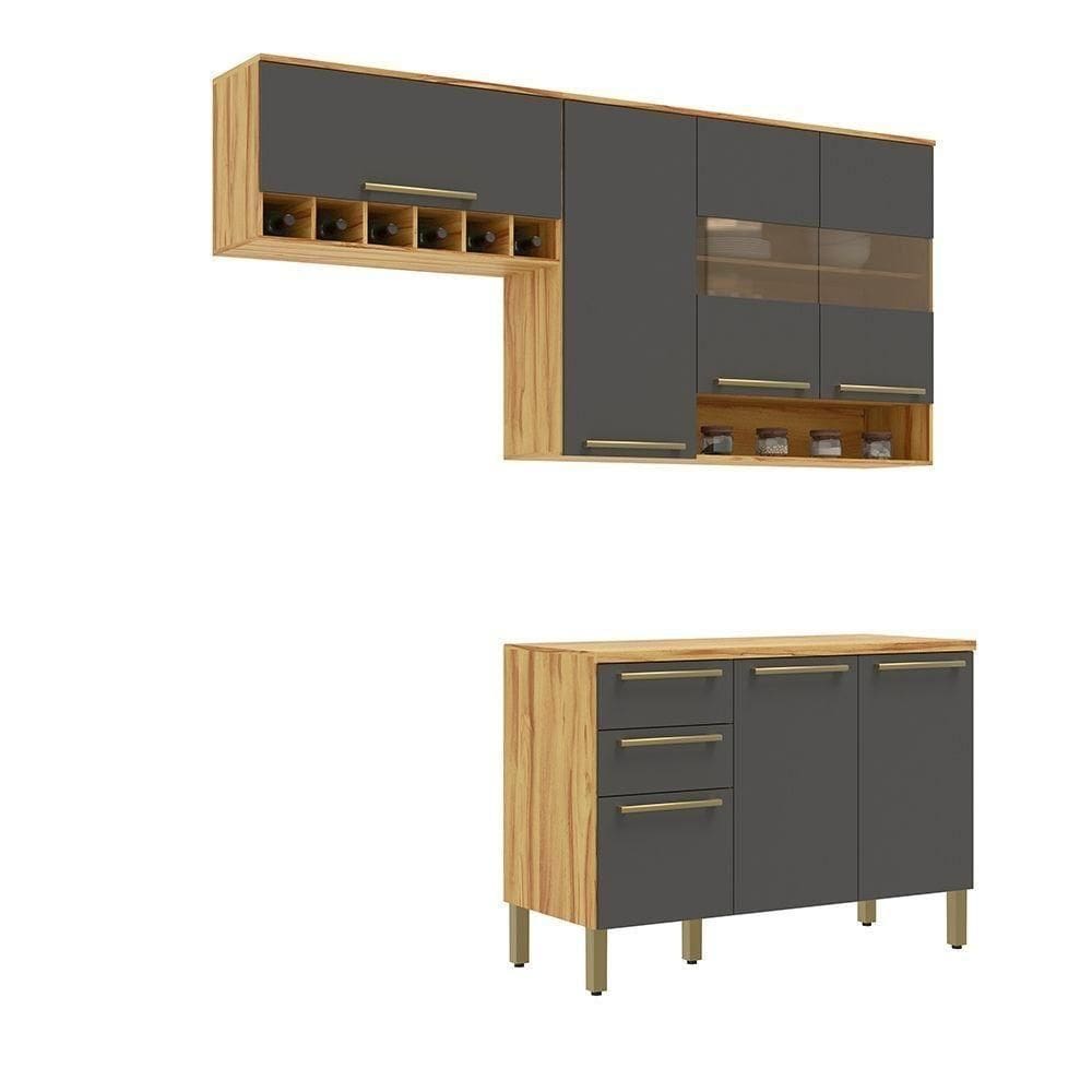 Cozinha Compacta 100% Mdf Com 3 Peças 7 Portas 2 Gavetas Napoli Prime Rio Doce Amendoa-chumbo