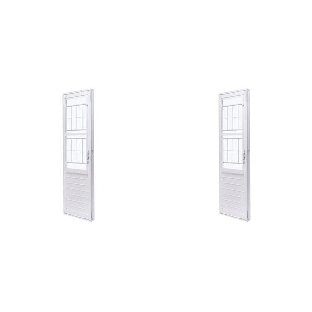 Kit com 2 Portas de Aço com Postigo 215x83cm com Grade Quadriculada e Vidro Liso Unicsol Ramassol Branco