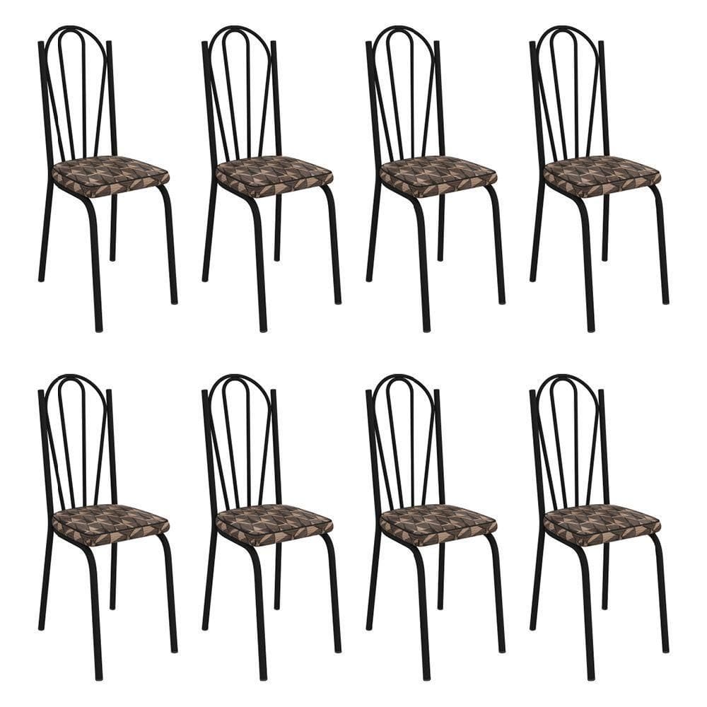 Kit 8 Cadeiras De Cozinha Alabama Estampado Mosaico Palha Pés De Ferro Preto