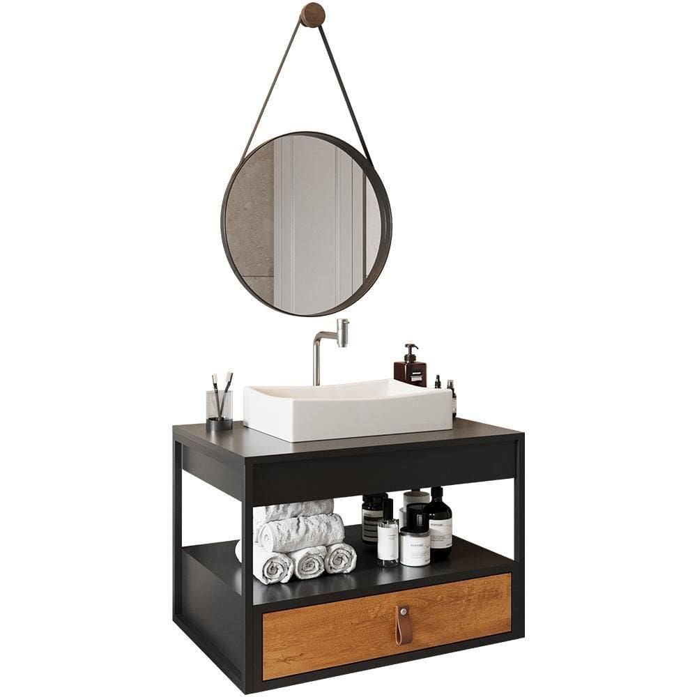 Gabinete De Banheiro Com Espelho E Cuba Branca Preto-preto-canela-preto Preto-preto-canela-preto