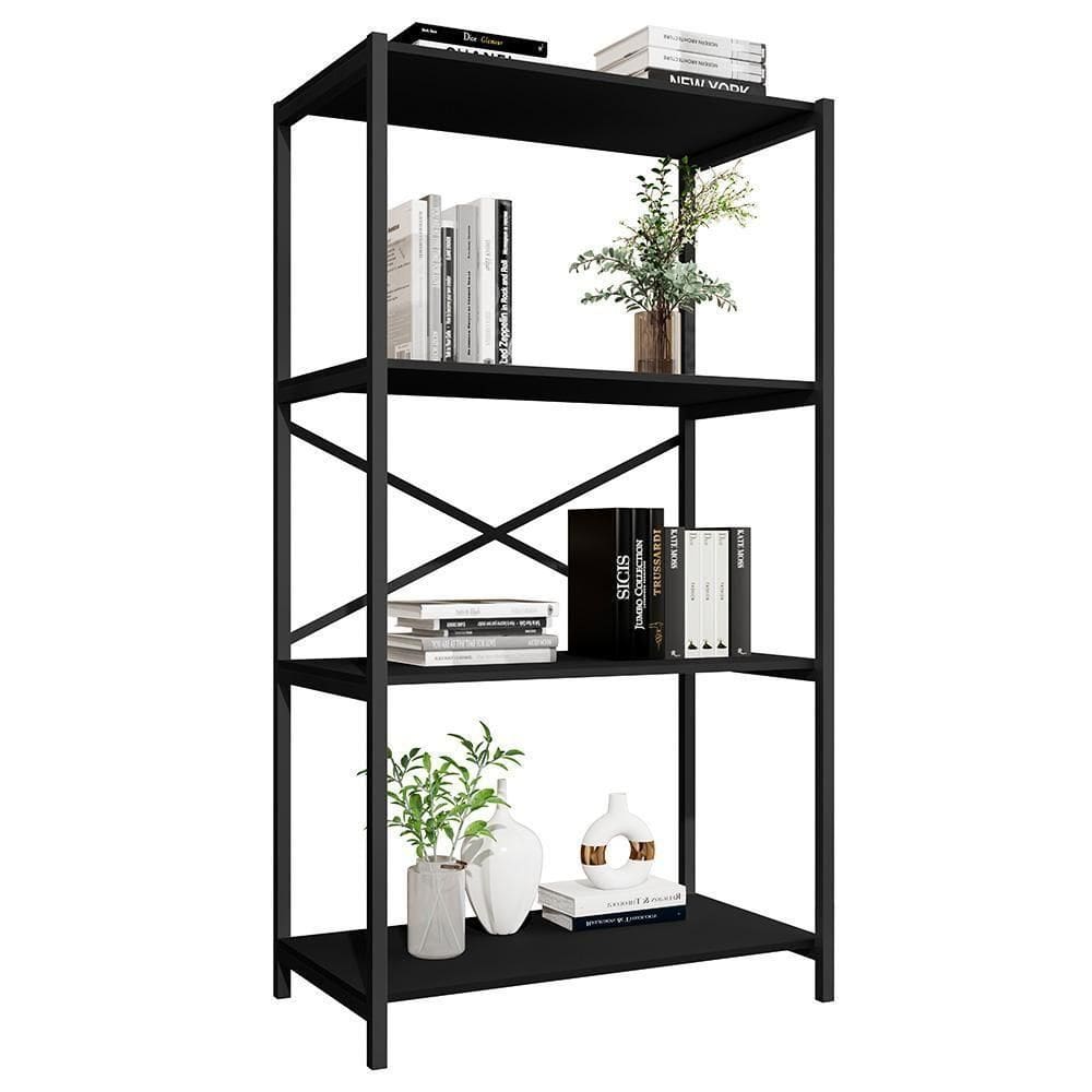 Estante Livreiro Steel 90cm Estilo Industrial Com Pés Em Aço Preto/preto Preto/preto