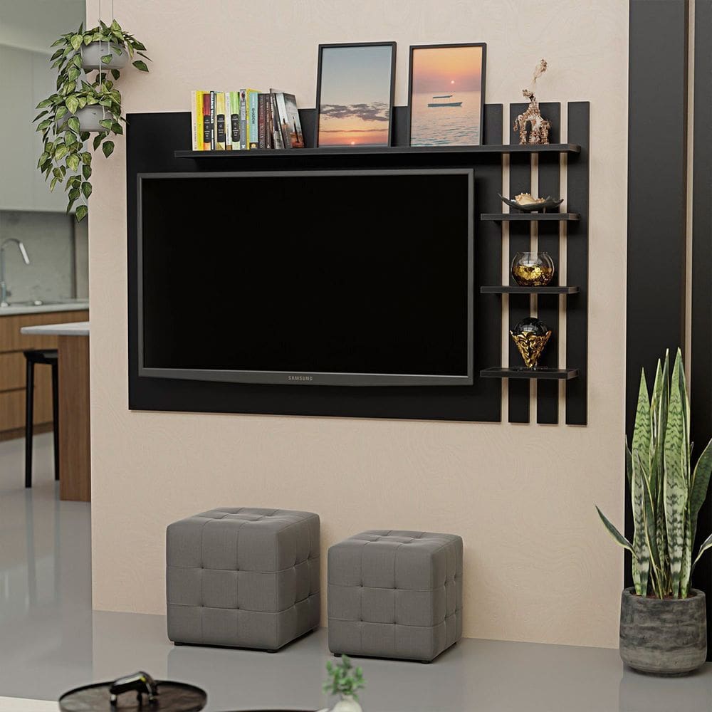 Painel de Tv Ripado até 32 Polegadas com Prateleiras Preto