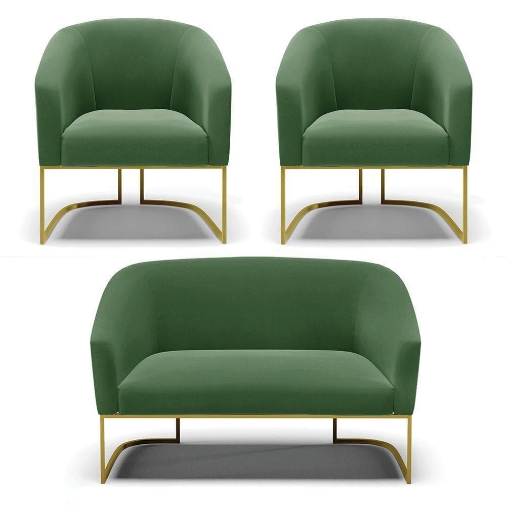 Namoradeira E 2 Poltronas Base Industrial Dourado Stella Suede Verde D03 - D`rossi