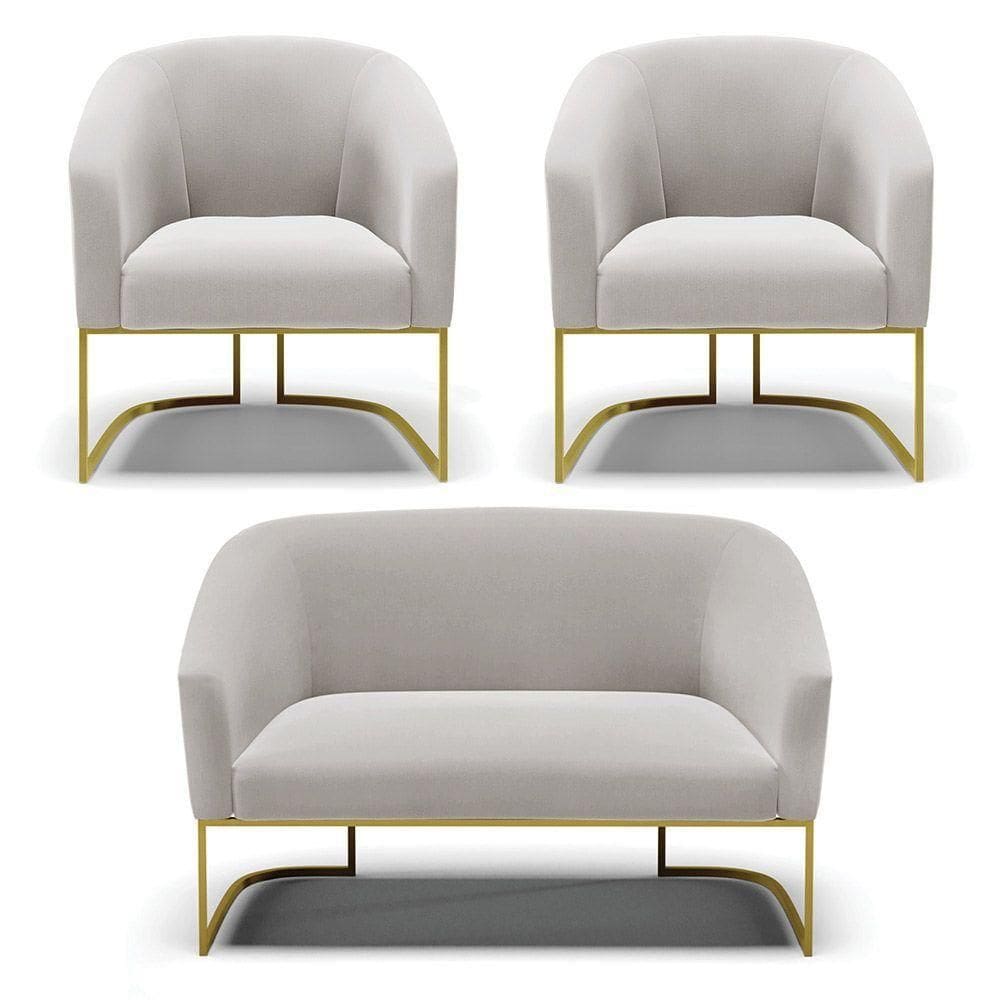 Sofá Namoradeira E 2 Poltronas Base Industrial Dourado Stella Veludo Cinza D03 - D`rossi