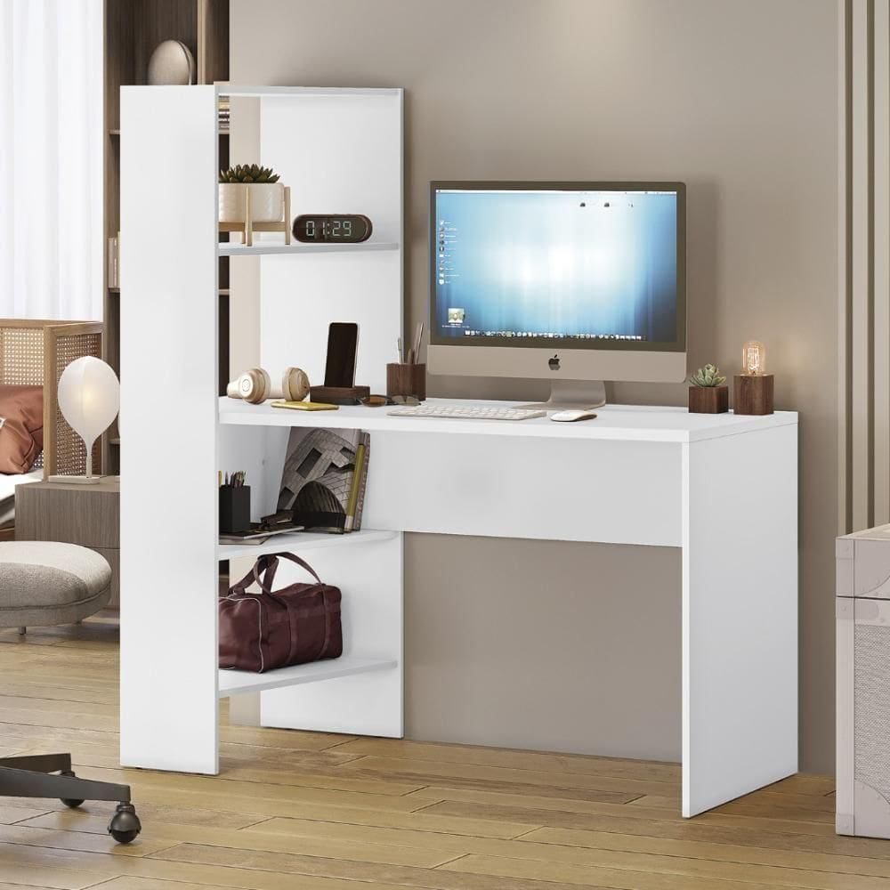 Mesa Office Escrivaninha Com Torre E Prateleiras Lisboa Notável Branco