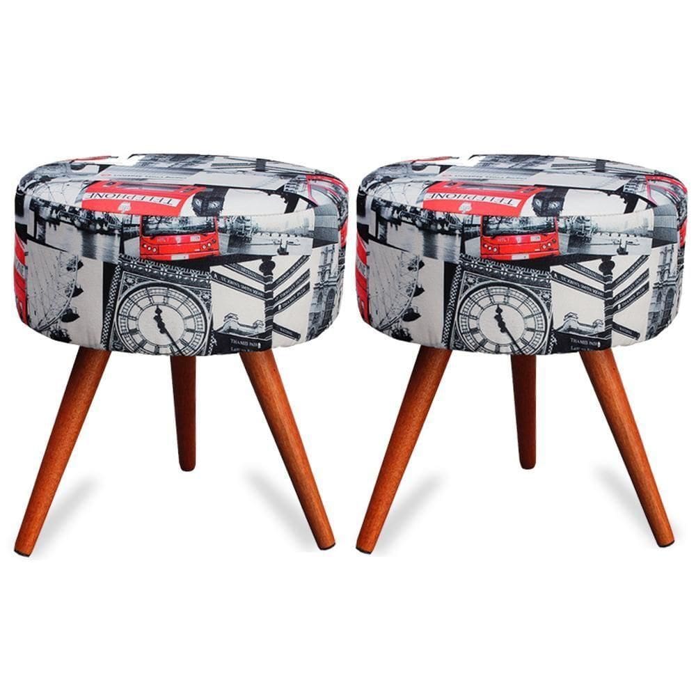 Kit 2 Puff Cama Inbox Londres Redondo Com Pés Em Madeira Maciça Tecido Suede