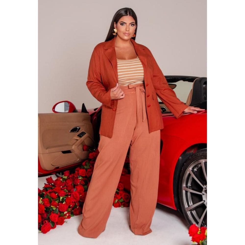 Calça Feminina Plus Size Pantalona Faixa Em Linho