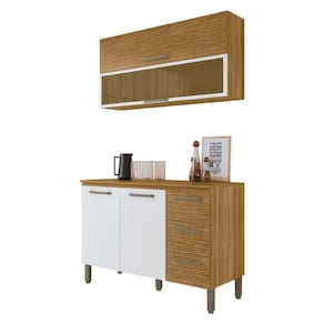 Armário De Cozinha Completa Com Balcão Ametista Kits Paraná 4 Portas 3 Gavetas 1,20m Vidro Reflecta Freijo/bco