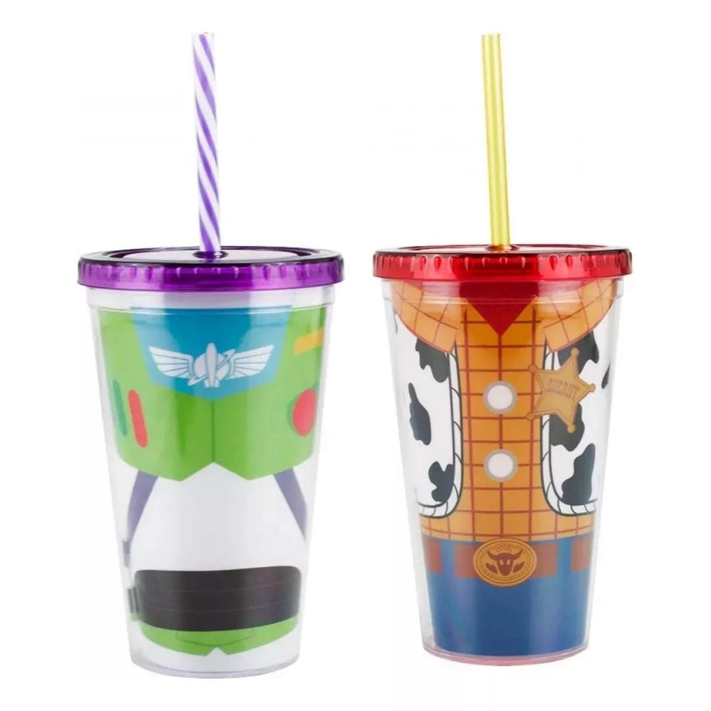 Kit 2 Copos C/ Canudo Buzz Lightyear + Woody Toy Story 450ml